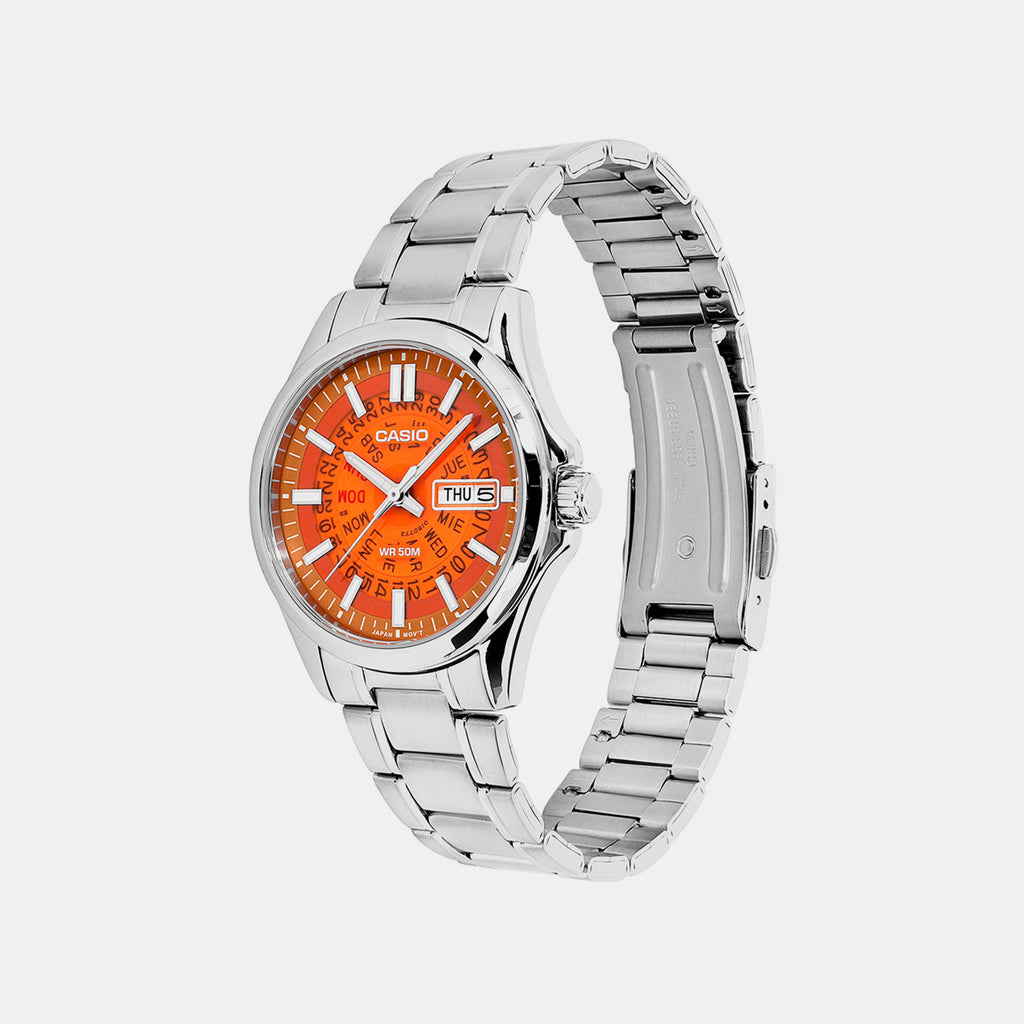 Men Quartz Orange Dial Analog Stainless Steel Watch A2582