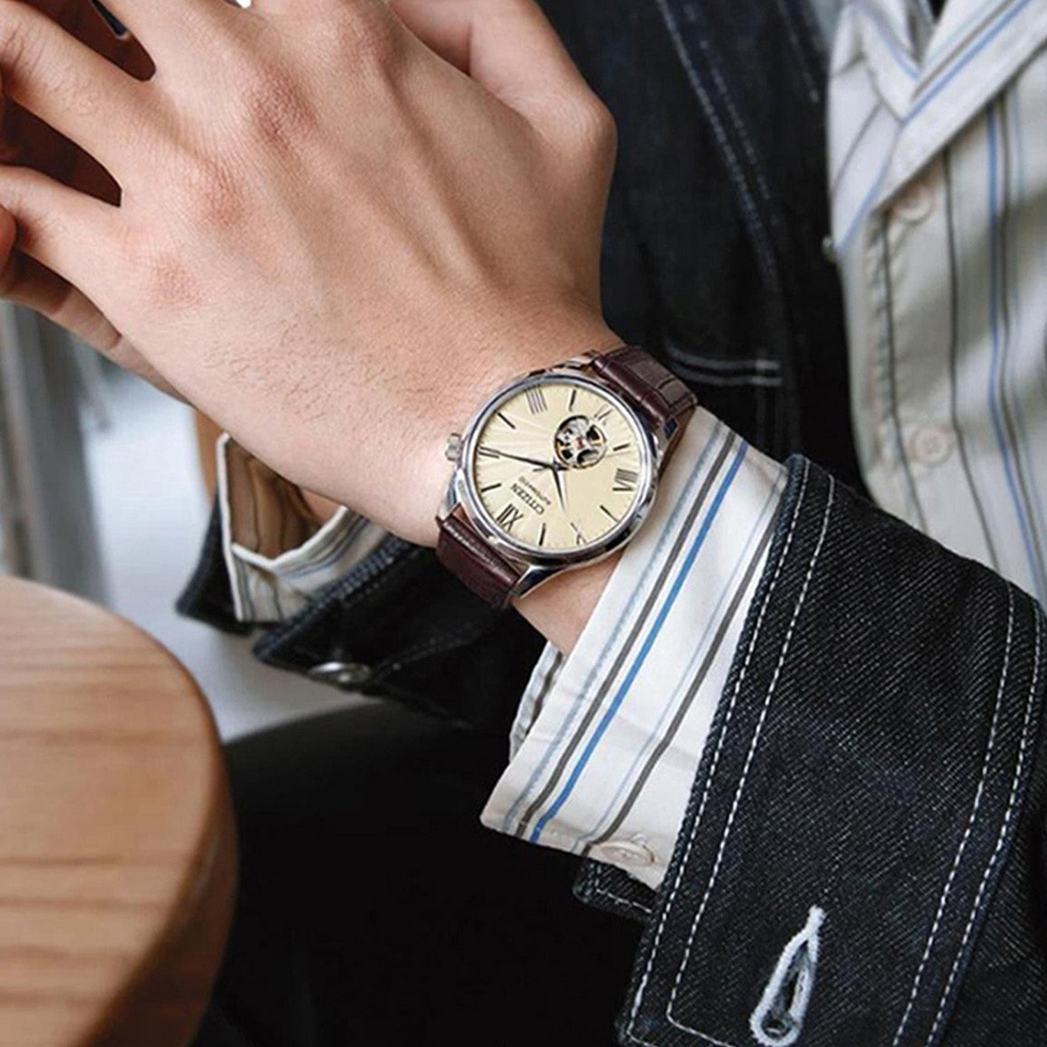 Mechanical Open Heart Men Quartz Beige Dial Analog Leather Watch NH9130-17A