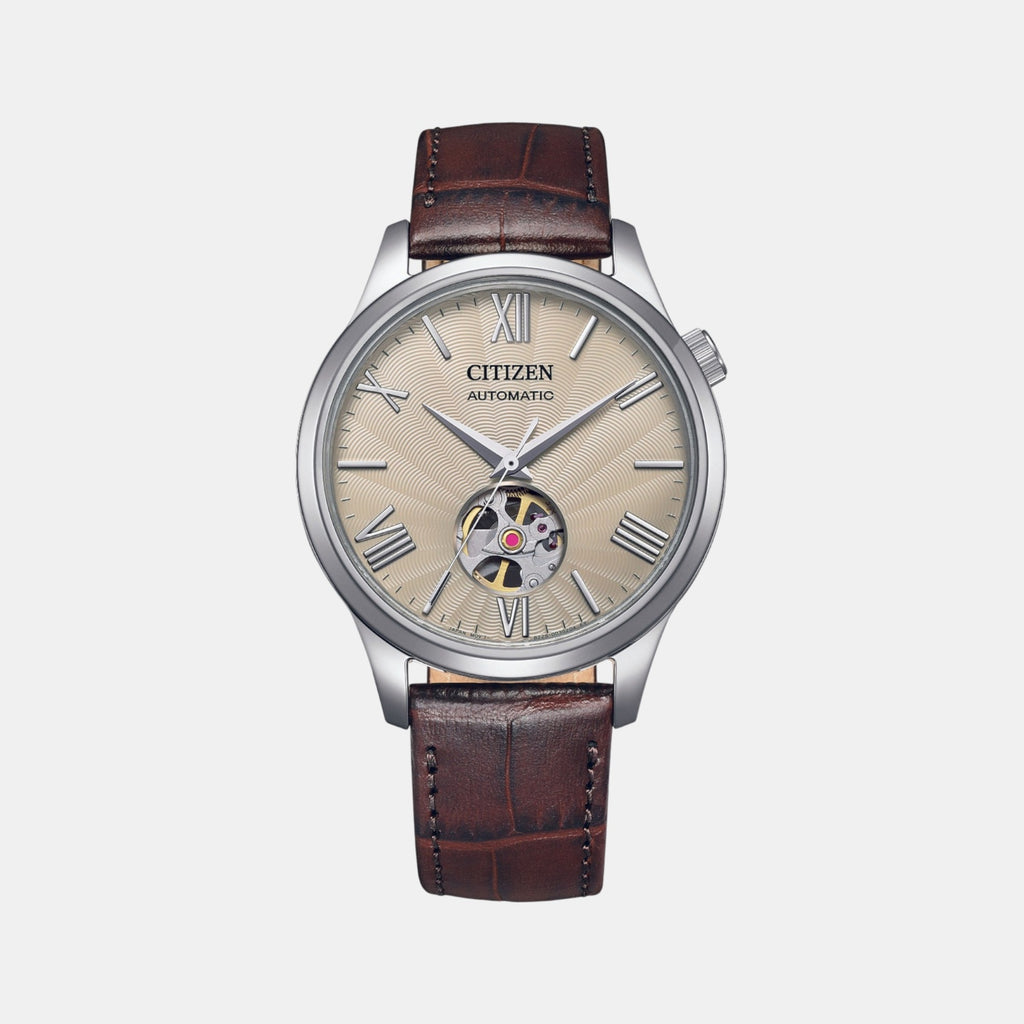 Mechanical Open Heart Men Quartz White Dial Analog Leather Watch NH9130-17A