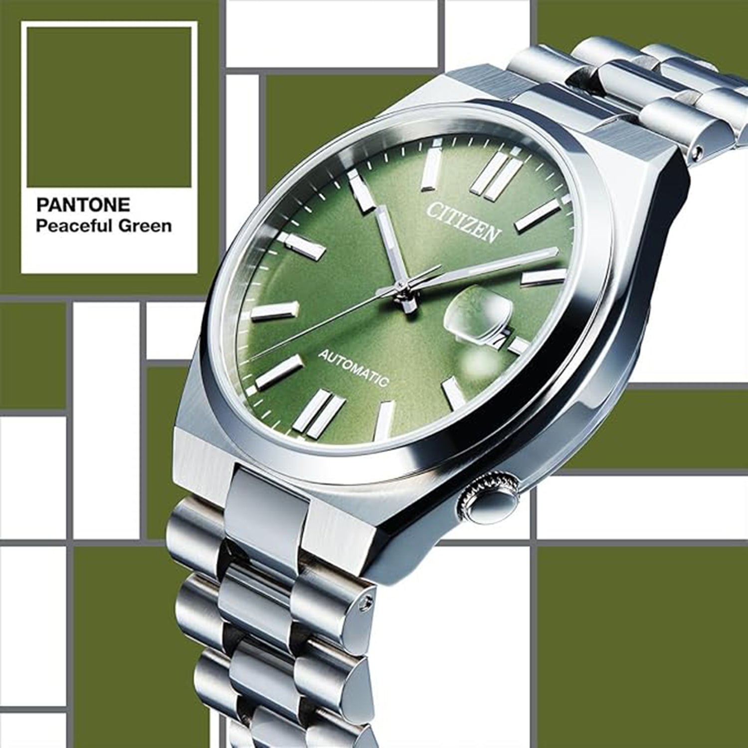 Tsuyosa Men Automatic Green Dial Analog Stainless Steel Watch NJ0158-89Z