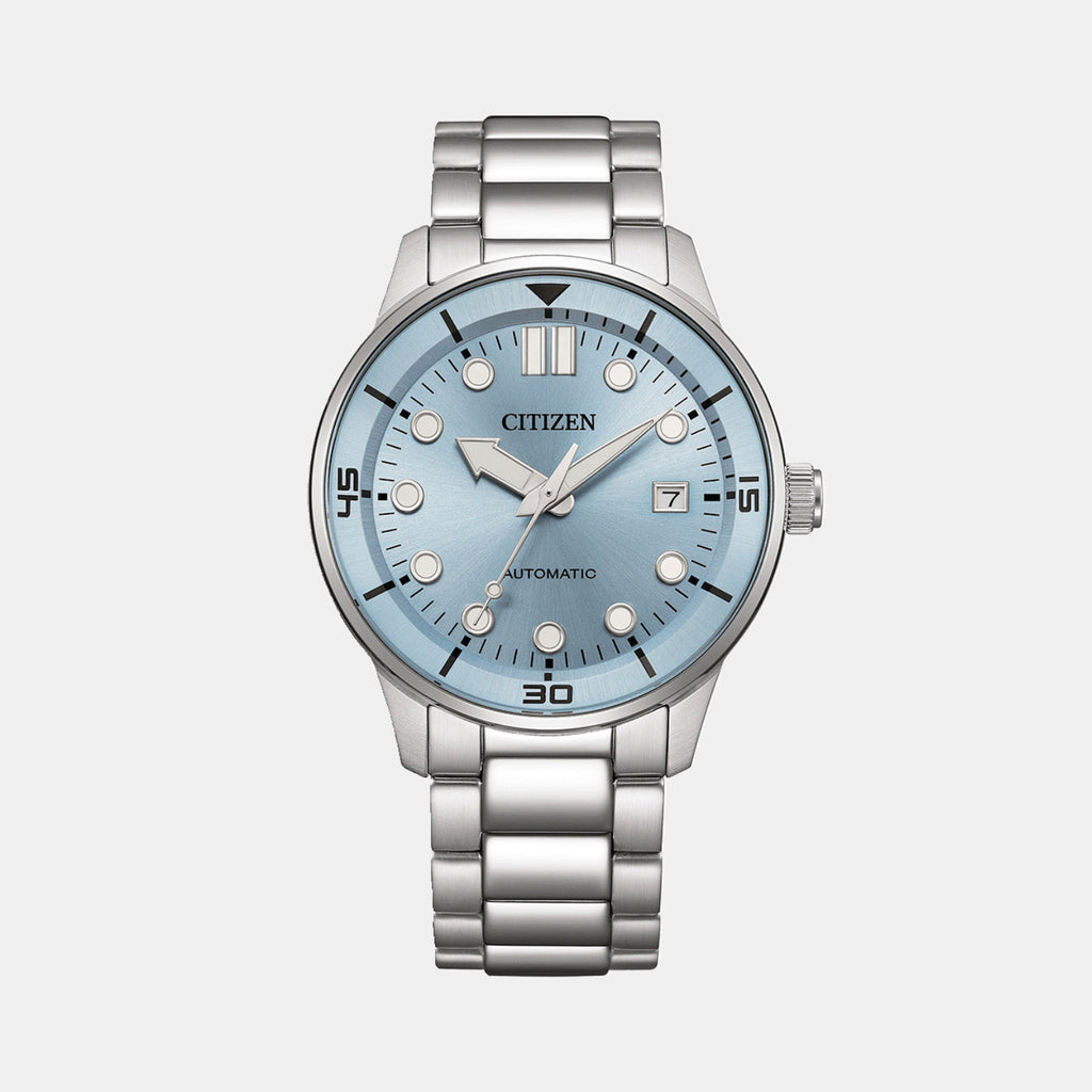 Men Automatic Light Blue Dial Analog Stainless Steel Watch NJ0191-83L
