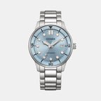 Men Automatic Light Blue Dial Analog Stainless Steel Watch NJ0191-83L