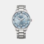 Men Automatic Light Blue Dial Analog Stainless Steel Watch NJ0191-83L