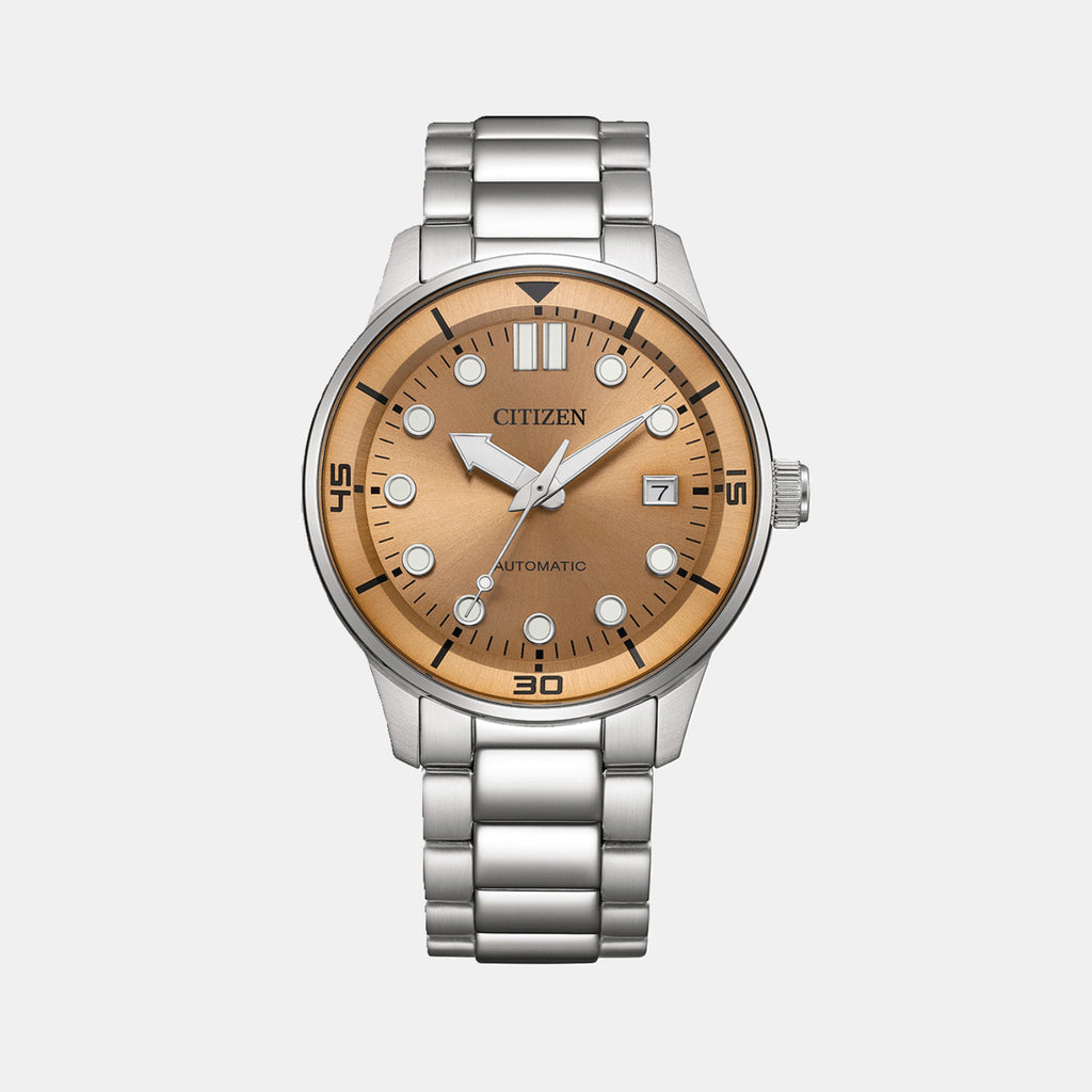 Mechanical 3 Hands Men Automatic Salmon Dial Analog Stainless Steel Watch NJ0191-83X