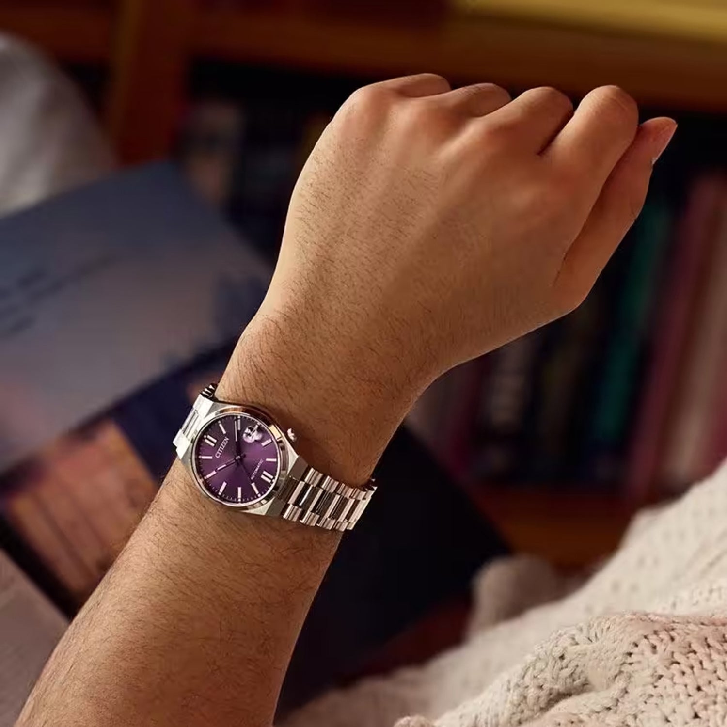 Tsuyosa Men Automatic Purple Dial Analog Stainless Steel Watch NJ0200-50W