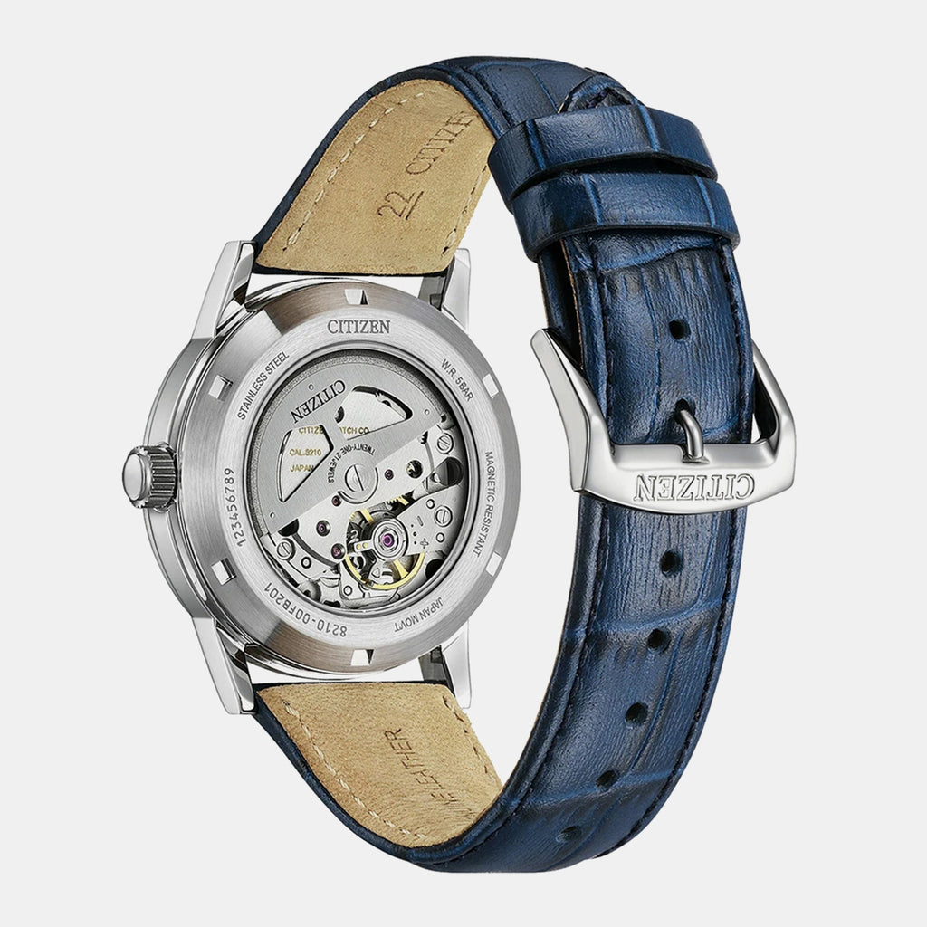 Men Automatic Blue Dial Analog Leather Watch NJ0210-13L