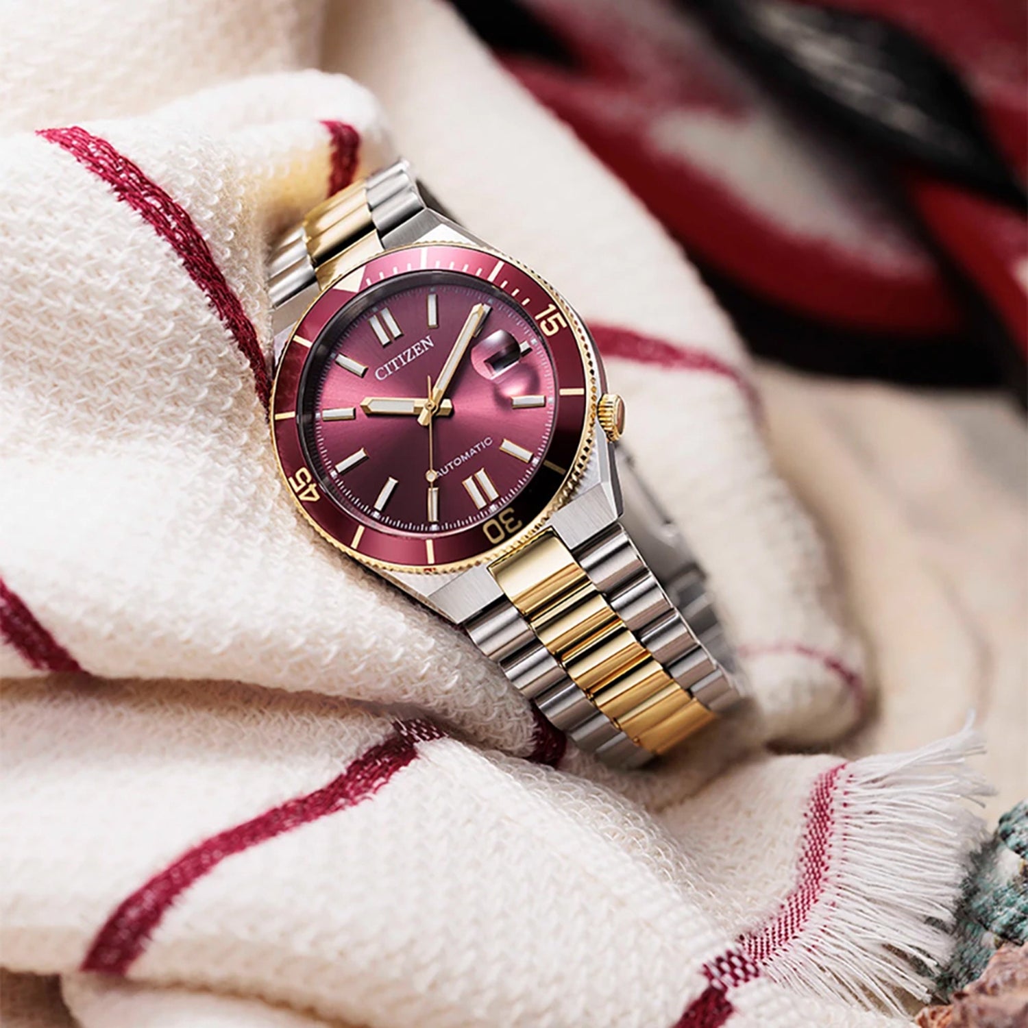 Tsuyosa Men Automatic Red Dial Analog Stainless Steel Watch NJ0234-58X