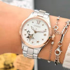 Skeleton Women Automatic Silver Dial Analog Stainless Steel Watch PC1009-78B