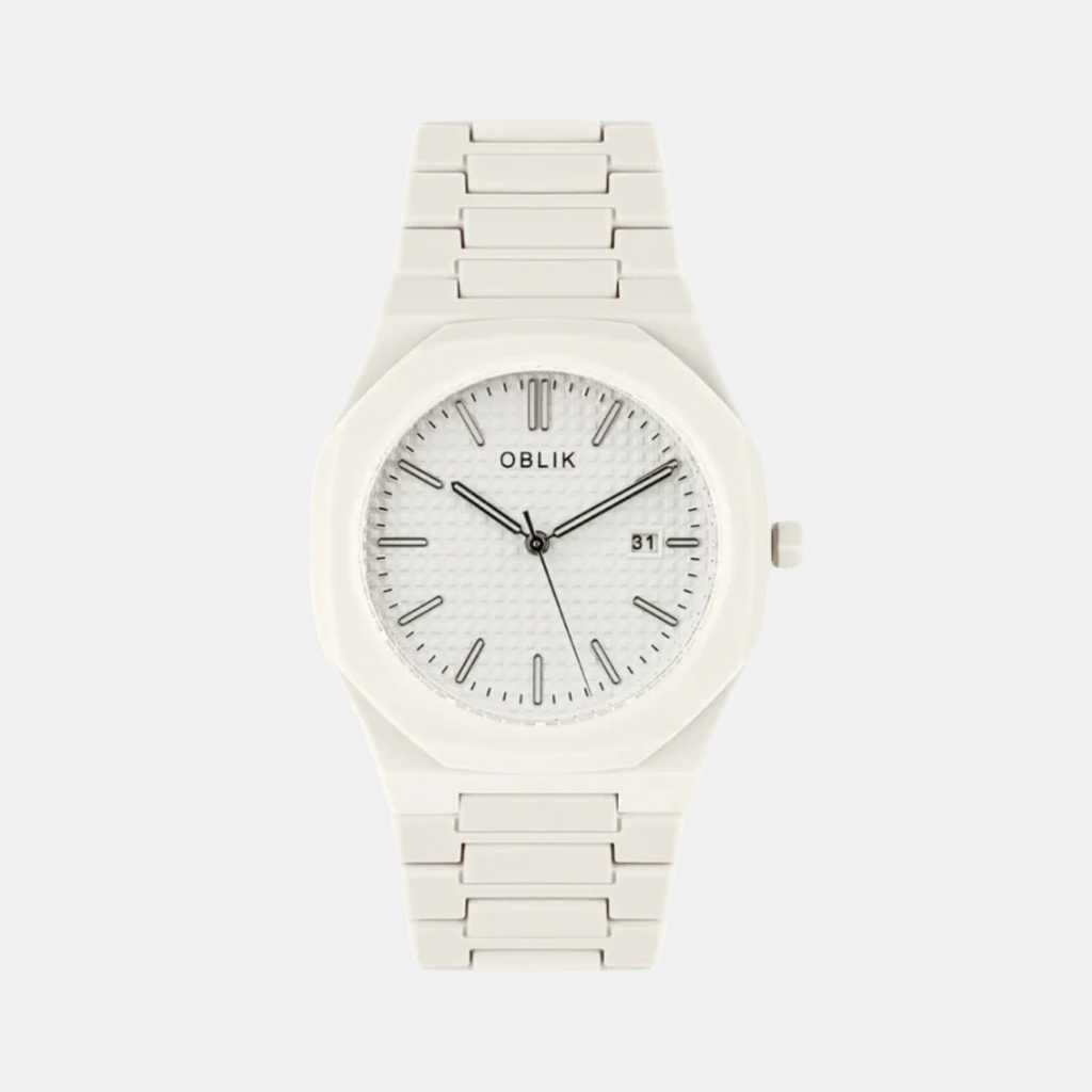 Polycarbonate Men Quartz White Dial Analog Stainless Steel Watch