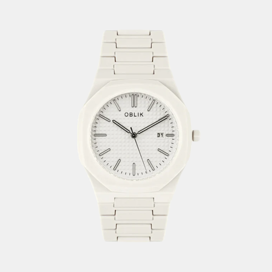 Polycarbonate Men Quartz Milk Dial Analog Stainless Steel Watch