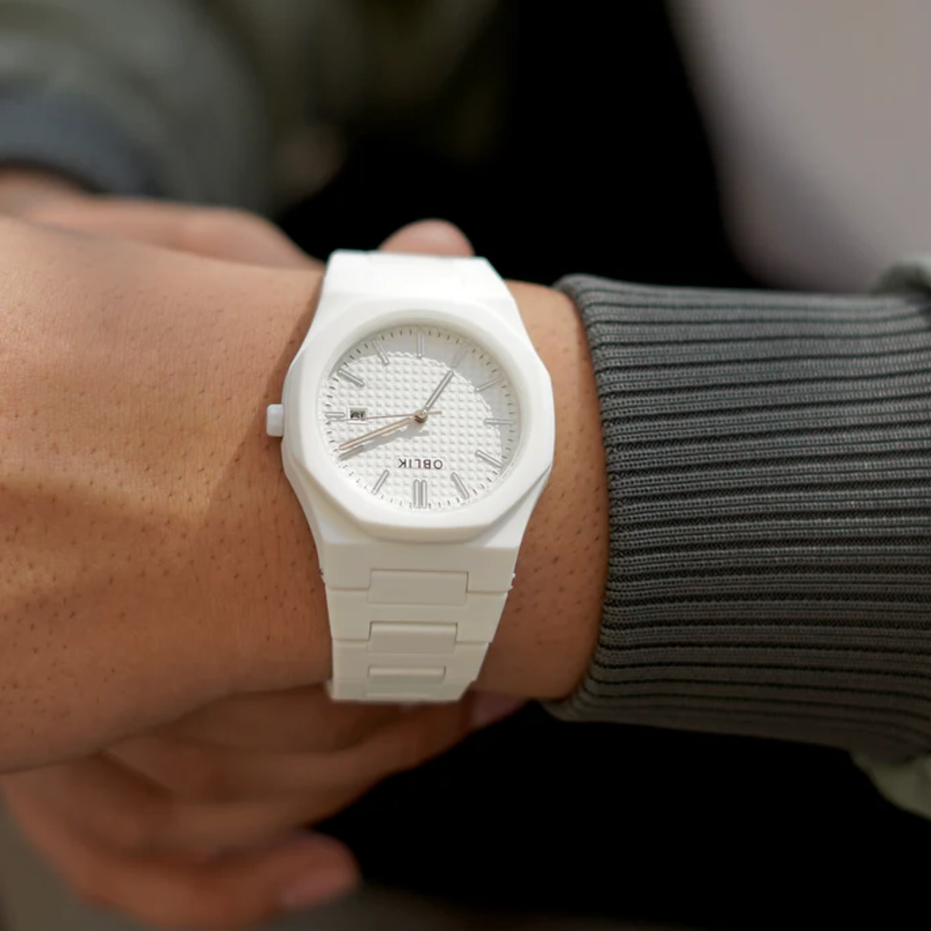 Polycarbonate Men Quartz White Dial Analog Stainless Steel Watch