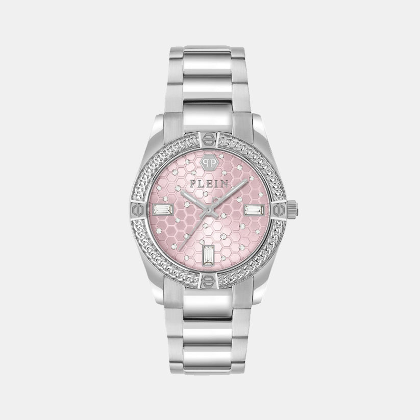 Plein Icon Chain Women Quartz Pink Dial Analog Stainless Steel Watch PW1FA0125