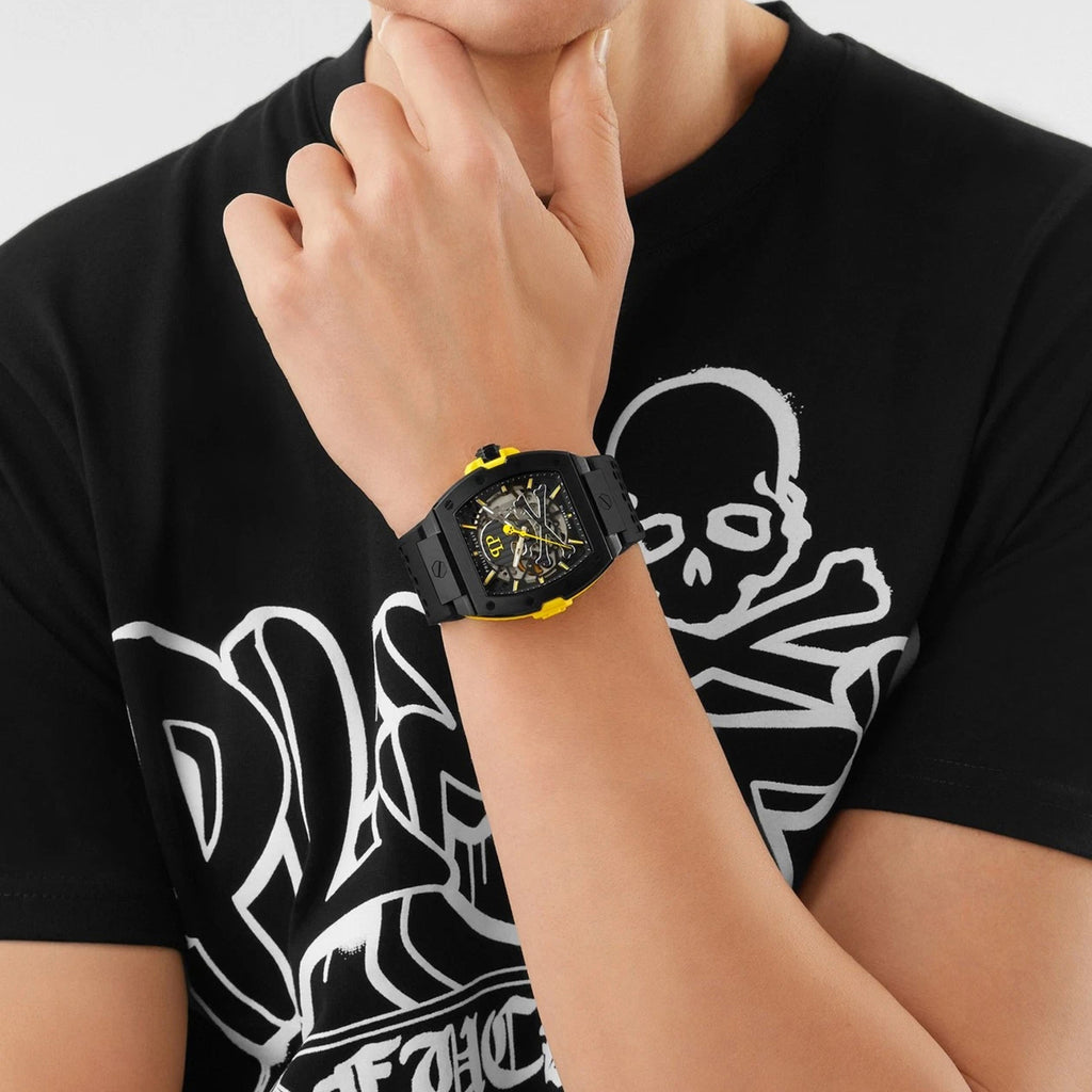 Skeleton Men Automatic Black Dial Analog Silicone Watch PWJFA1526