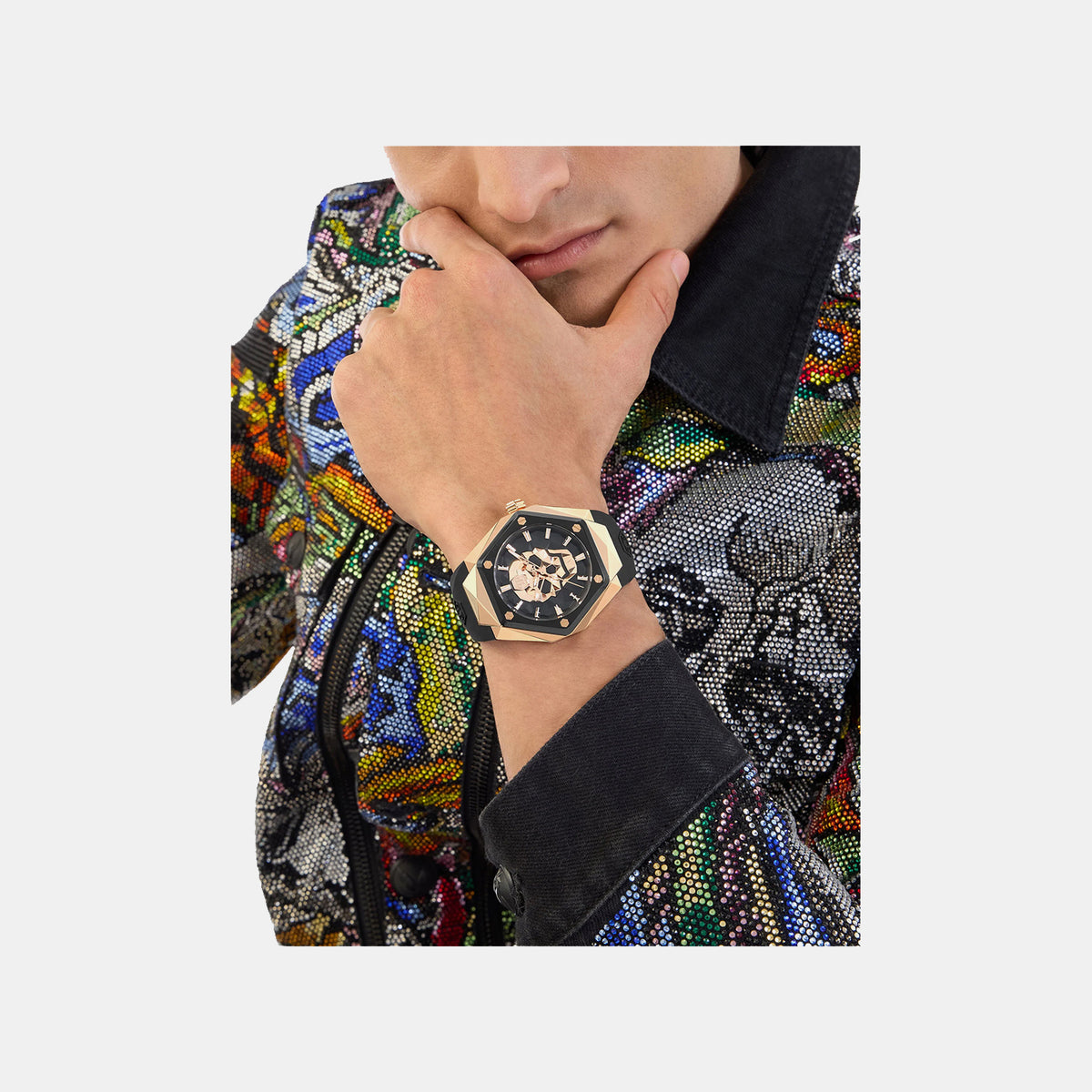 Pwa-The Skull Spikes-Pw Men Quartz Black Dial Analog Silicone Watch PWPWA0224