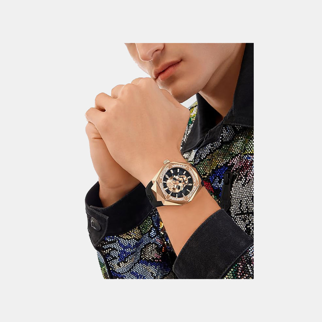 Pwa-The Skull Spikes-Pw Men Quartz Black Dial Analog Silicone Watch PWPWA0424