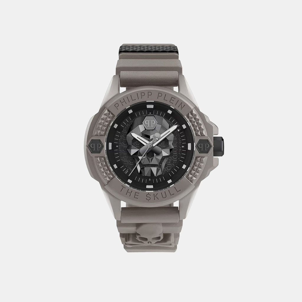 Skeleton Men Quartz Black Dial Analog Silicone Watch PWUBA0323