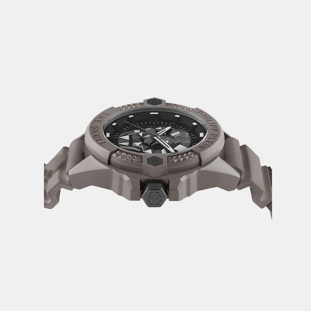 Skeleton Men Quartz Black Dial Analog Silicone Watch PWUBA0323