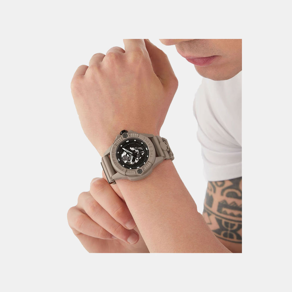 Skeleton Men Quartz Black Dial Analog Silicone Watch PWUBA0323