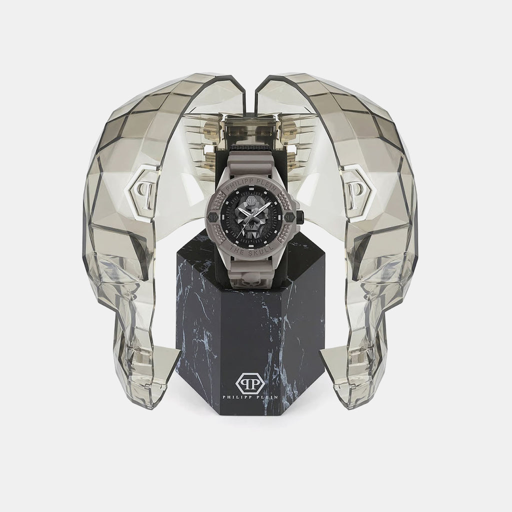 Skeleton Men Quartz Black Dial Analog Silicone Watch PWUBA0323