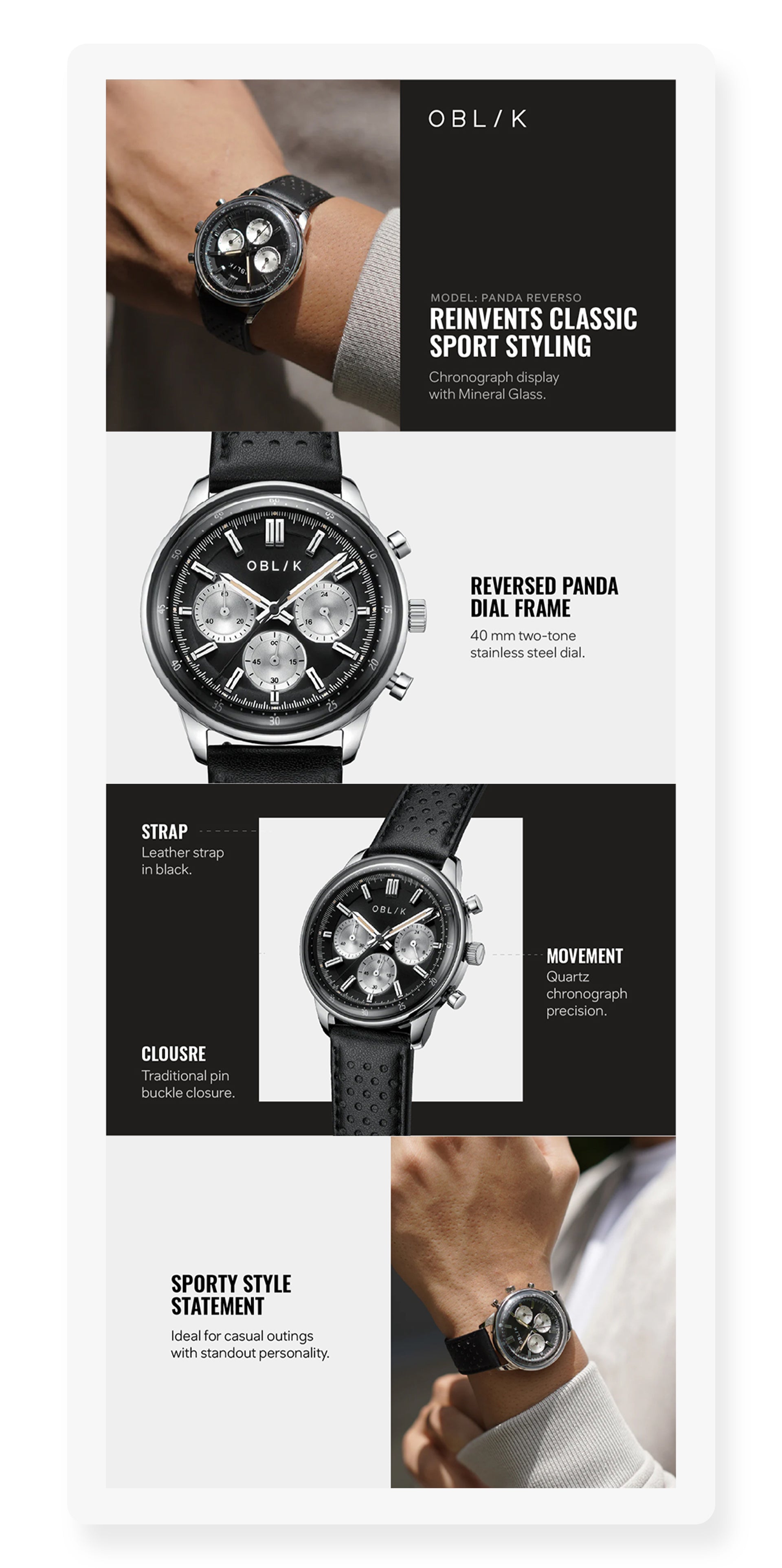 Panda Reverso Men Quartz Black Dial Chronograph Leather Watch Panda Reverso