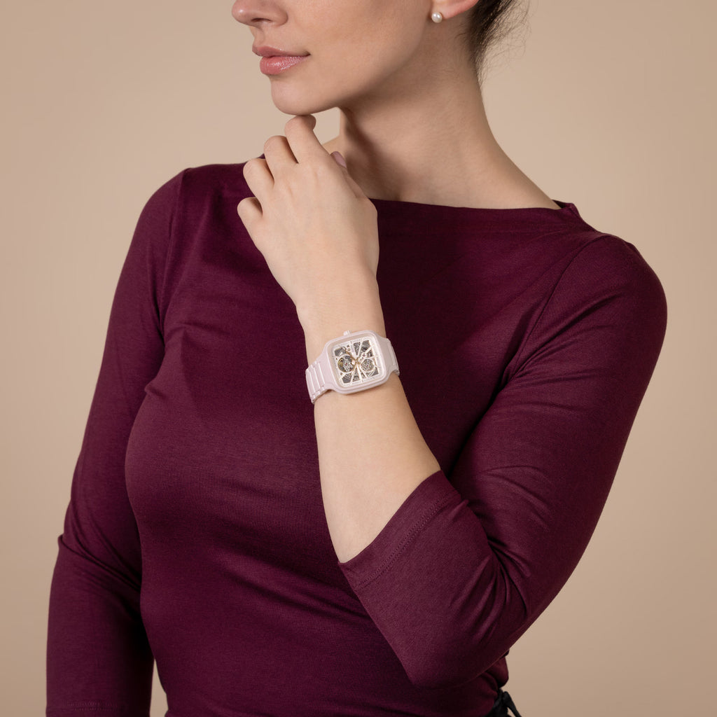 True Square Automatic Open Heart Unisex Pink Dial Analog Ceramic Watch R27123012