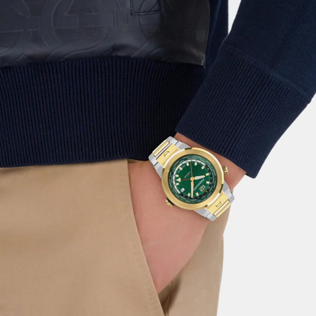 Ha-f-80 Gmt Worldtime -fw Men Quartz Green Dial Analog Stainless Steel Watch SFHA00926