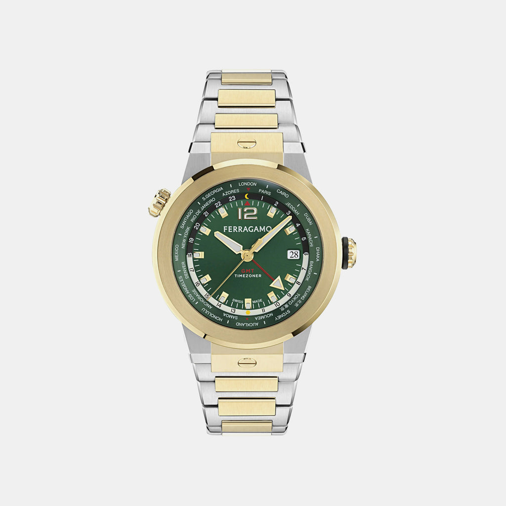 Ha-f-80 Gmt Worldtime -fw Men Quartz Green Dial Analog Stainless Steel Watch SFHA00926