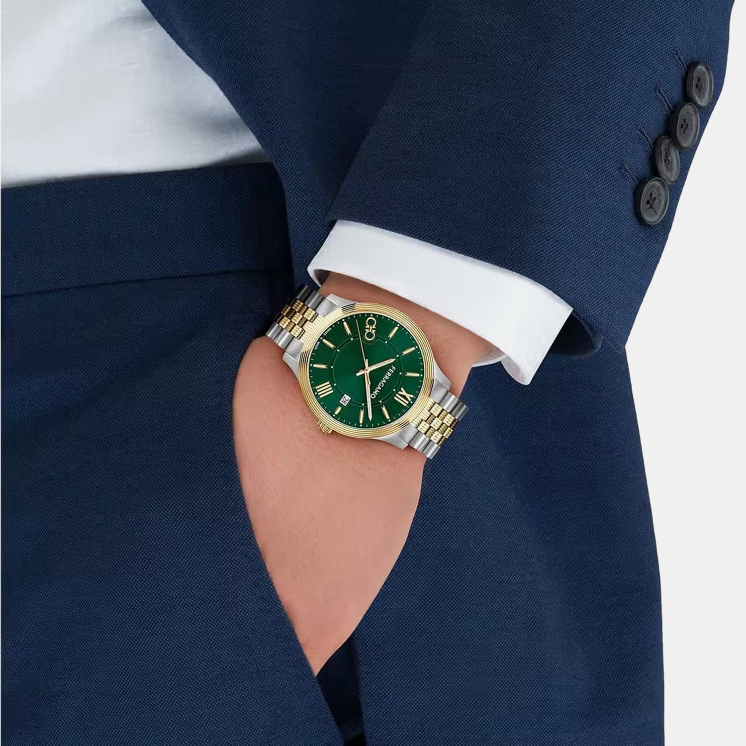 Tb-Ferragamo Duo 40Mm-Fw Men Quartz Green Dial Analog Stainless Steel Watch SFTB00424