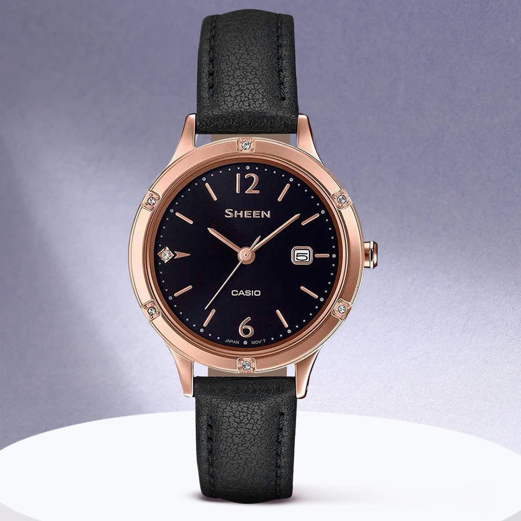 Sheen Women Quartz Black Dial Analog Leather Watch SH207