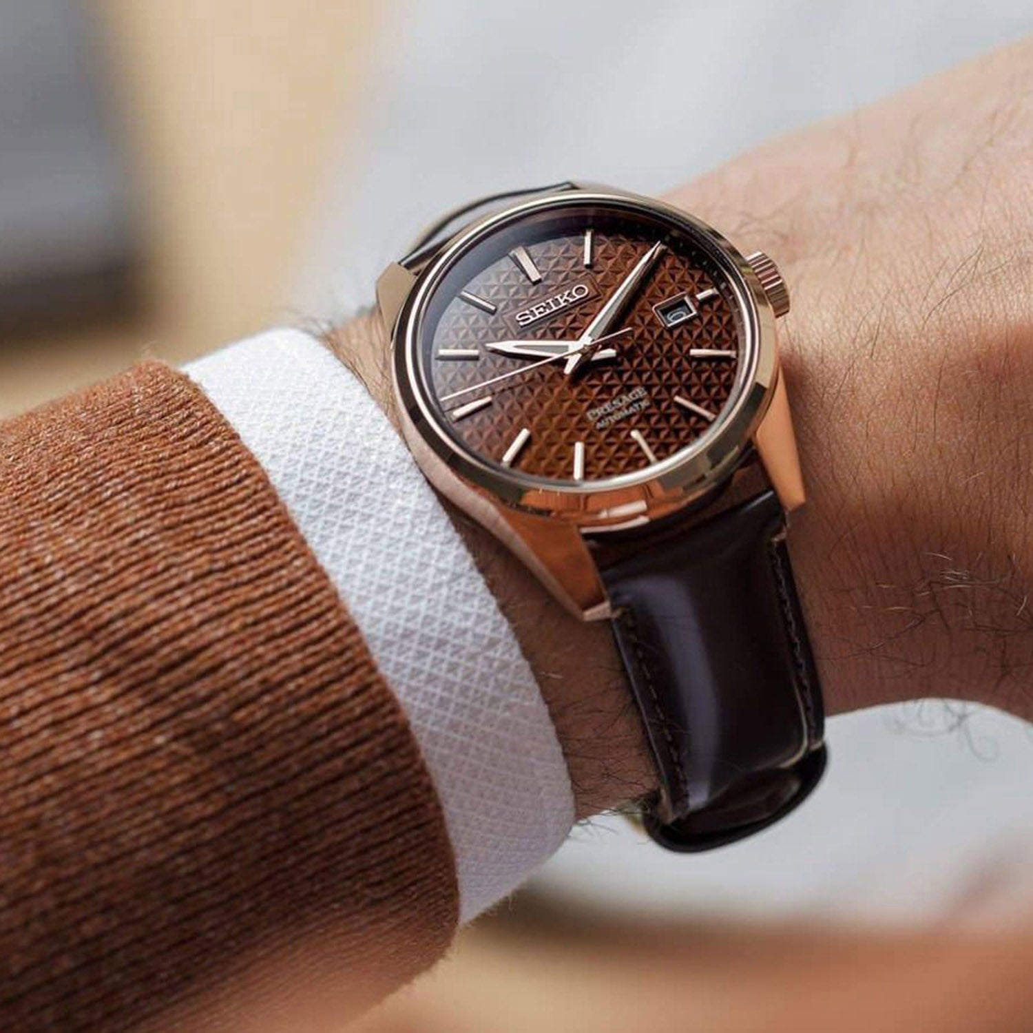 Presage Men Automatic Brown Dial Analog Leather Watch SPB170J1
