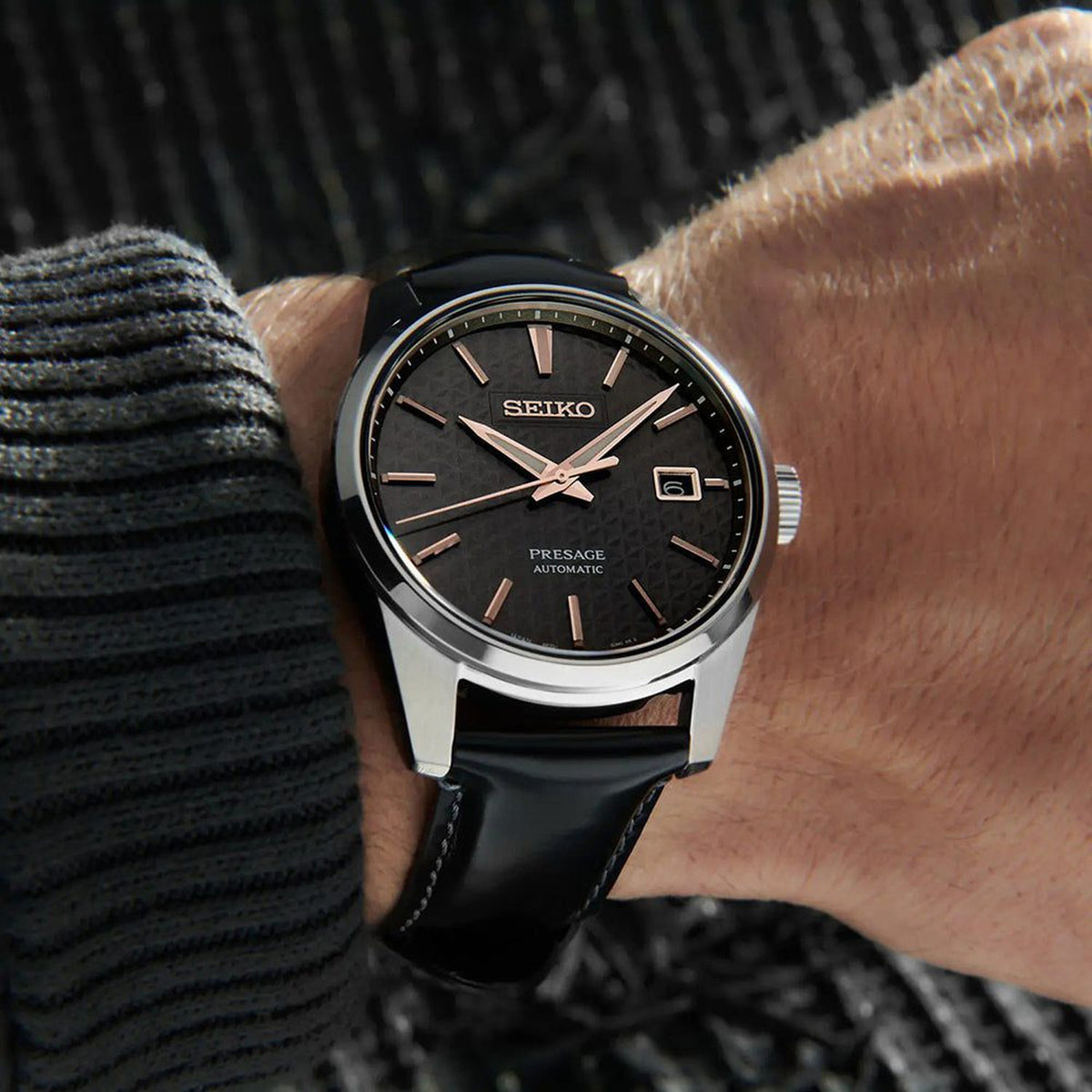 Presage Men Automatic Black Dial Analog Leather Watch SPB231J1