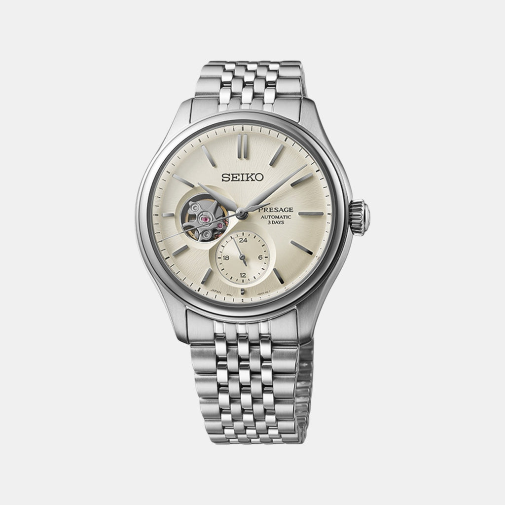 Presage Men Automatic Warm White Dial Multi-Function Stainless Steel Watch SPB469J1