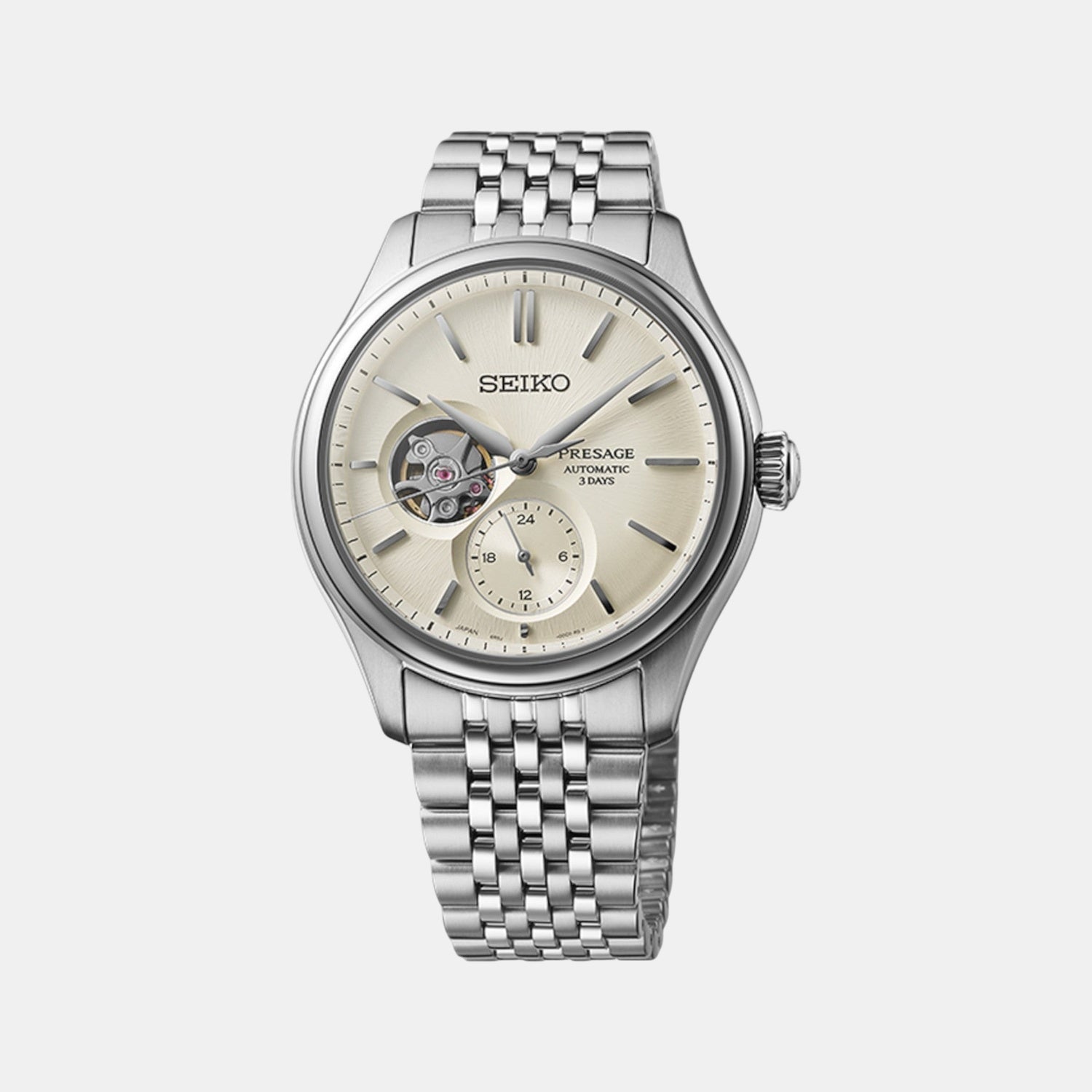 Presage Men Automatic Warm White Dial Multi-Function Stainless Steel Watch SPB469J1