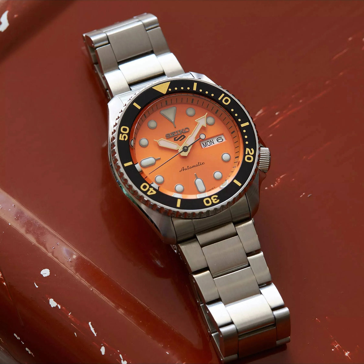 5 Sports Men Automatic Orange Dial Analog Stainless Steel Watch SRPD59K1
