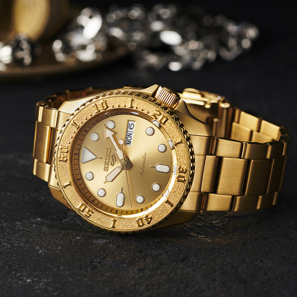 5 Sports Men Automatic Gold Dial Analog Stainless Steel Watch SRPE74K1