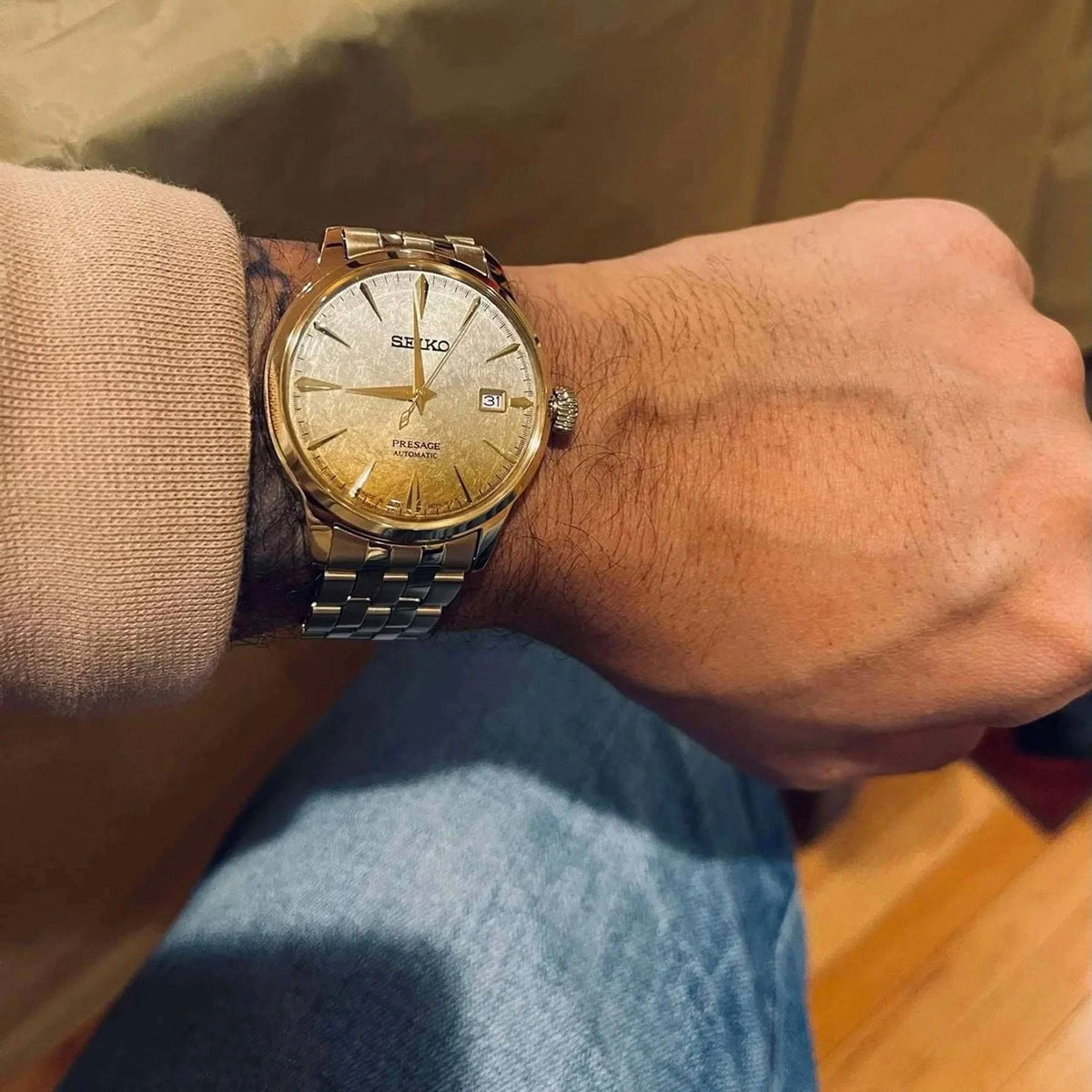 Presage Men Automatic Gold Dial Analog Stainless Steel Watch SRPK46J1