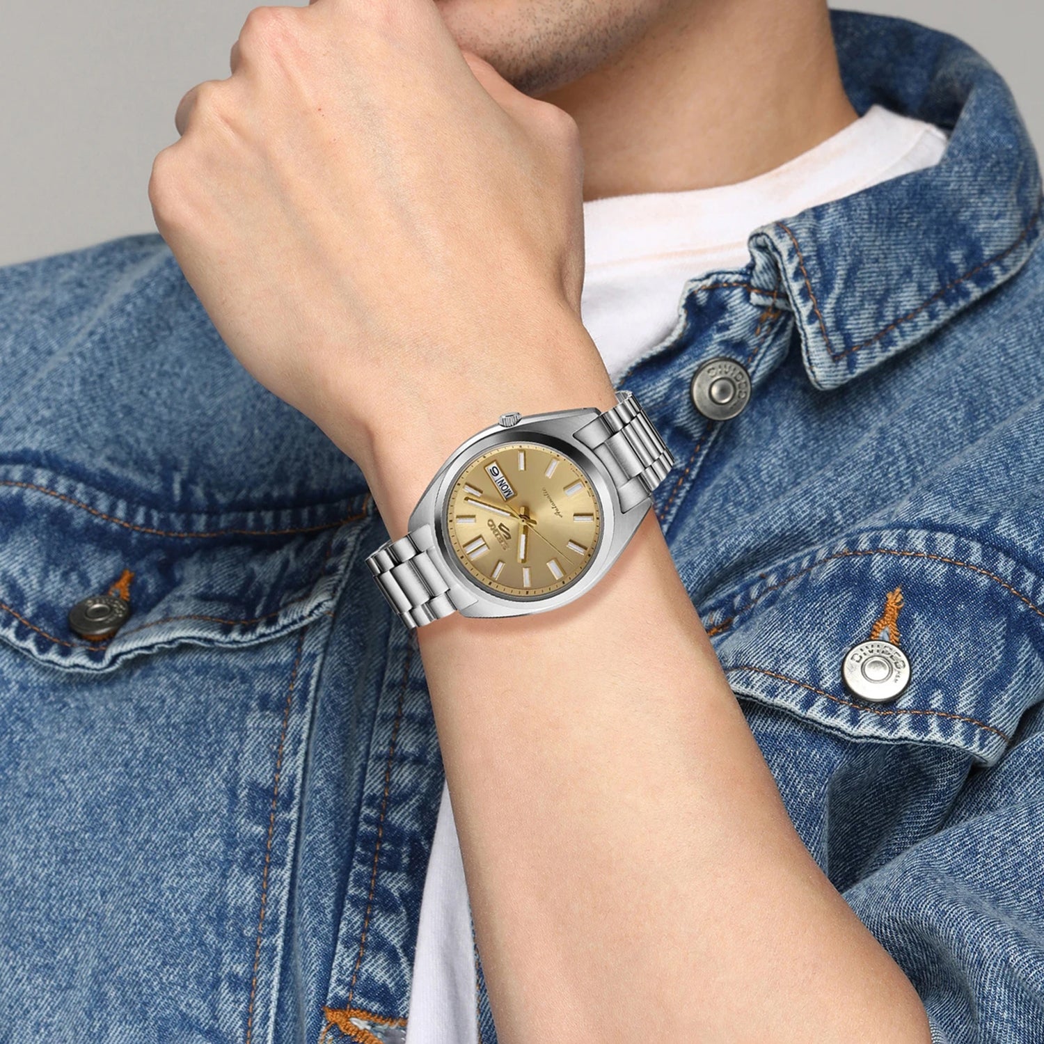 5 Sports Men Automatic Gold Dial Analog Stainless Steel Watch SRPL59K1