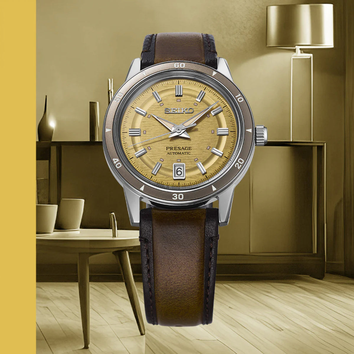 Presage Men Automatic Yellow Dial Analog Leather Watch SRPL75J1