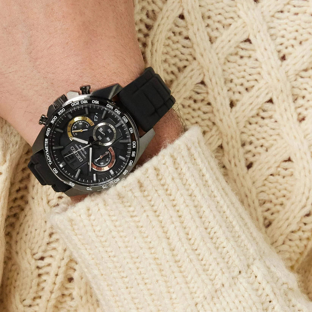 Men Quartz Black Dial Chronograph Silicone Watch SSB349P1