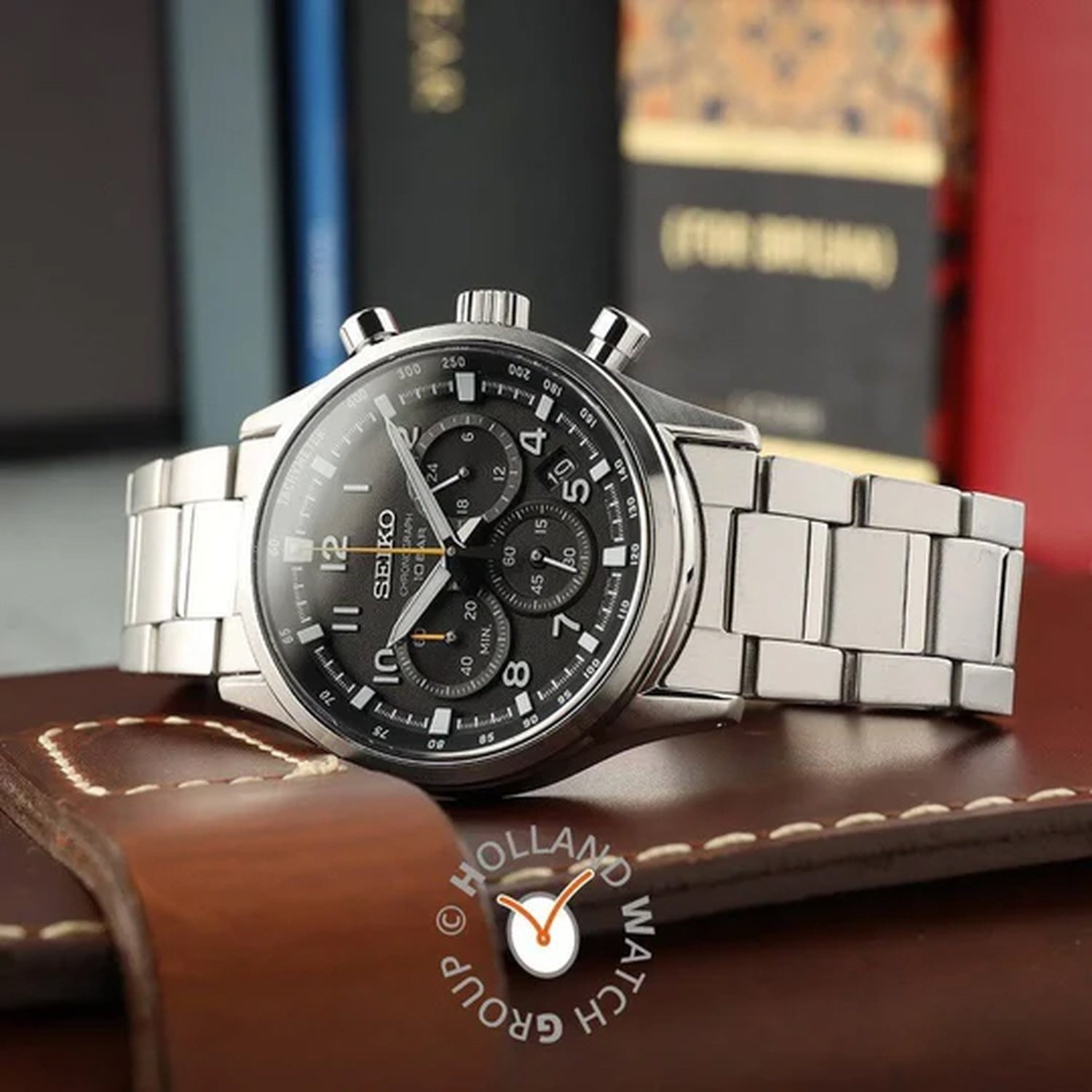 Dress Men Quartz Black Dial Chronograph Stainless Steel Watch SSB447P1