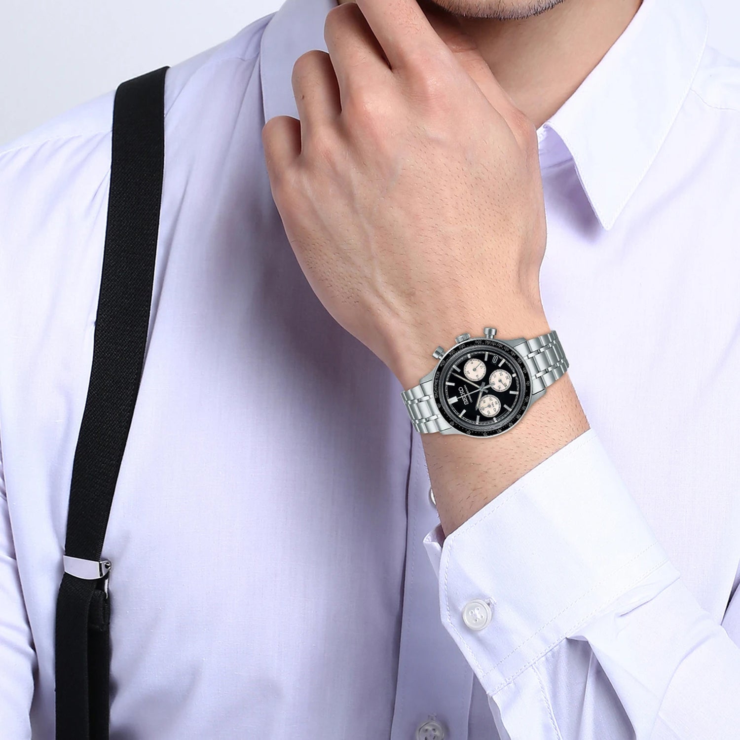 Men Quartz Black Dial Chronograph Stainless Steel Watch SSB479P1
