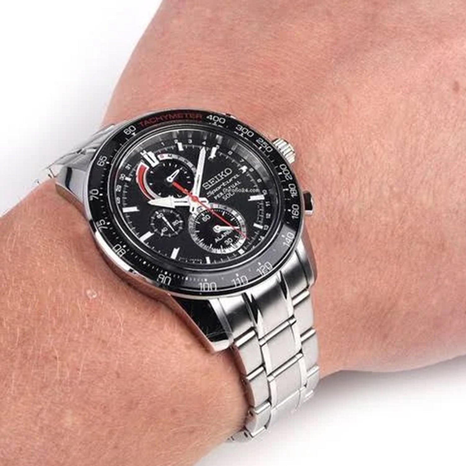 Seiko Sportura Men Quartz Black Dial Chronograph Stainless Steel Watch SSC357P1