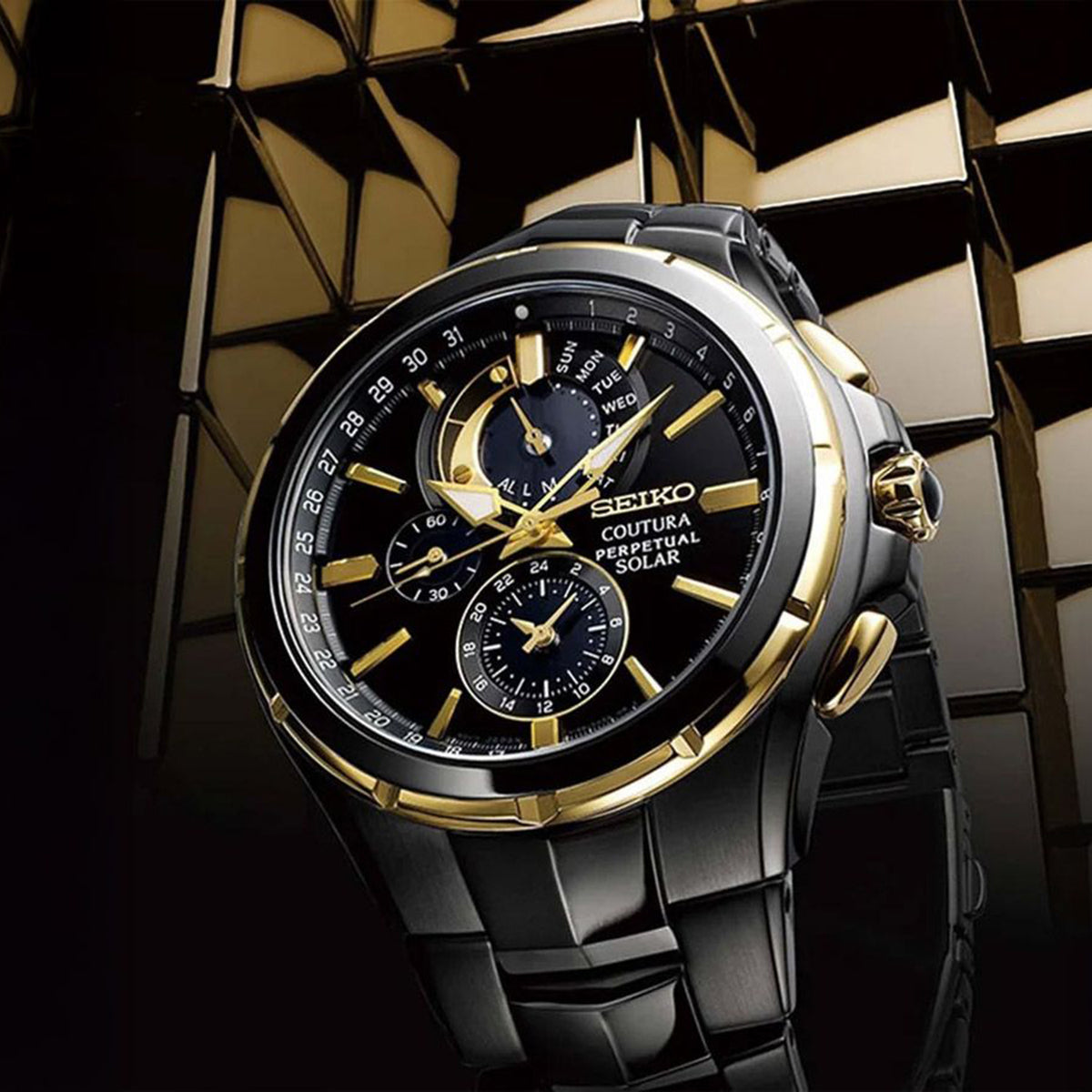 Coutura Men Solar Black Dial Chronograph Stainless Steel Watch SSC573P1