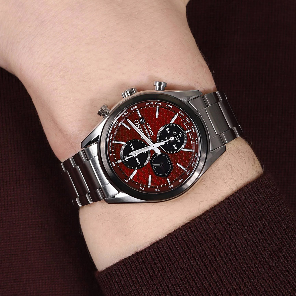 Macchina Sportiva Solar Watch Men Solar Red Dial Chronograph Stainless Steel Watch SSC771P1
