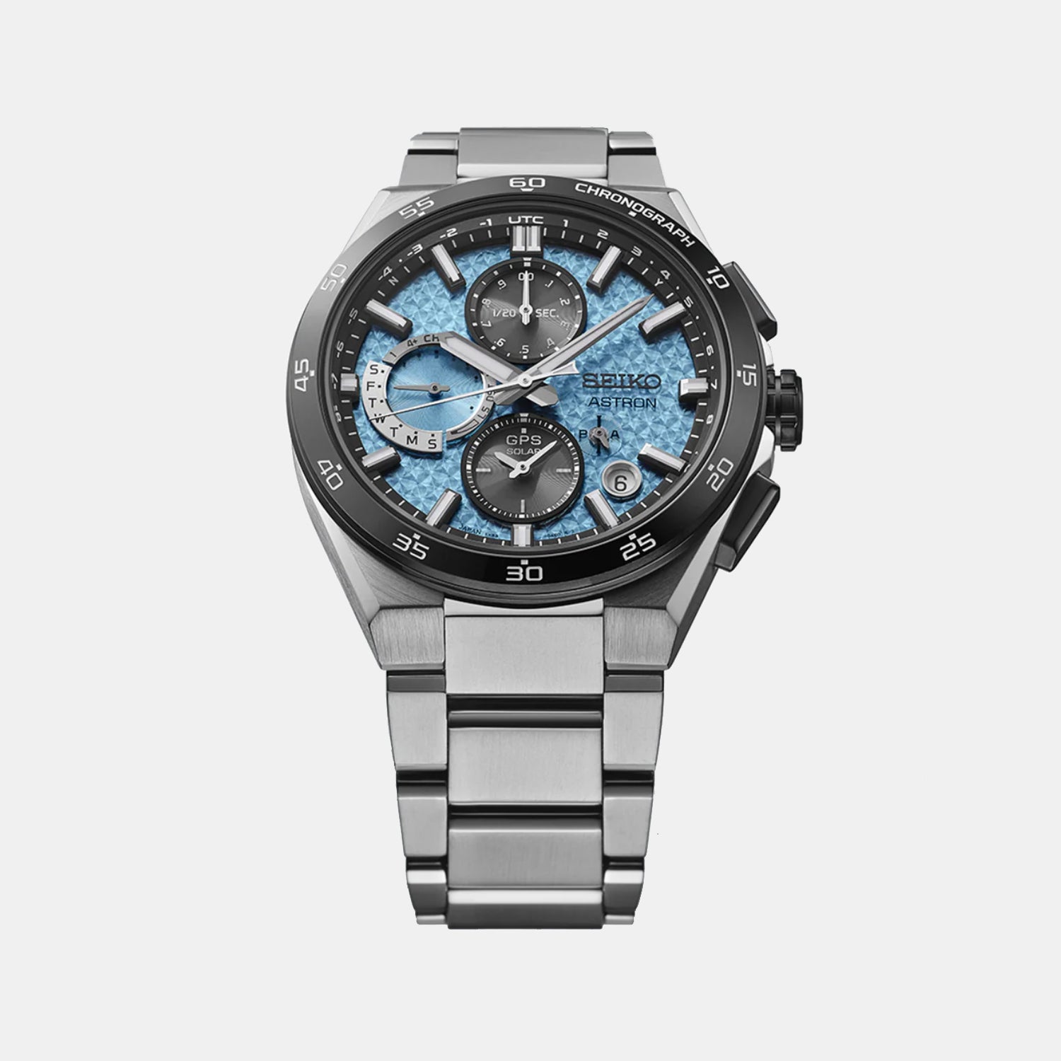 Astron Men Solar Sparkling Blue Dial Chronograph Stainless Steel Watch SSH157J1