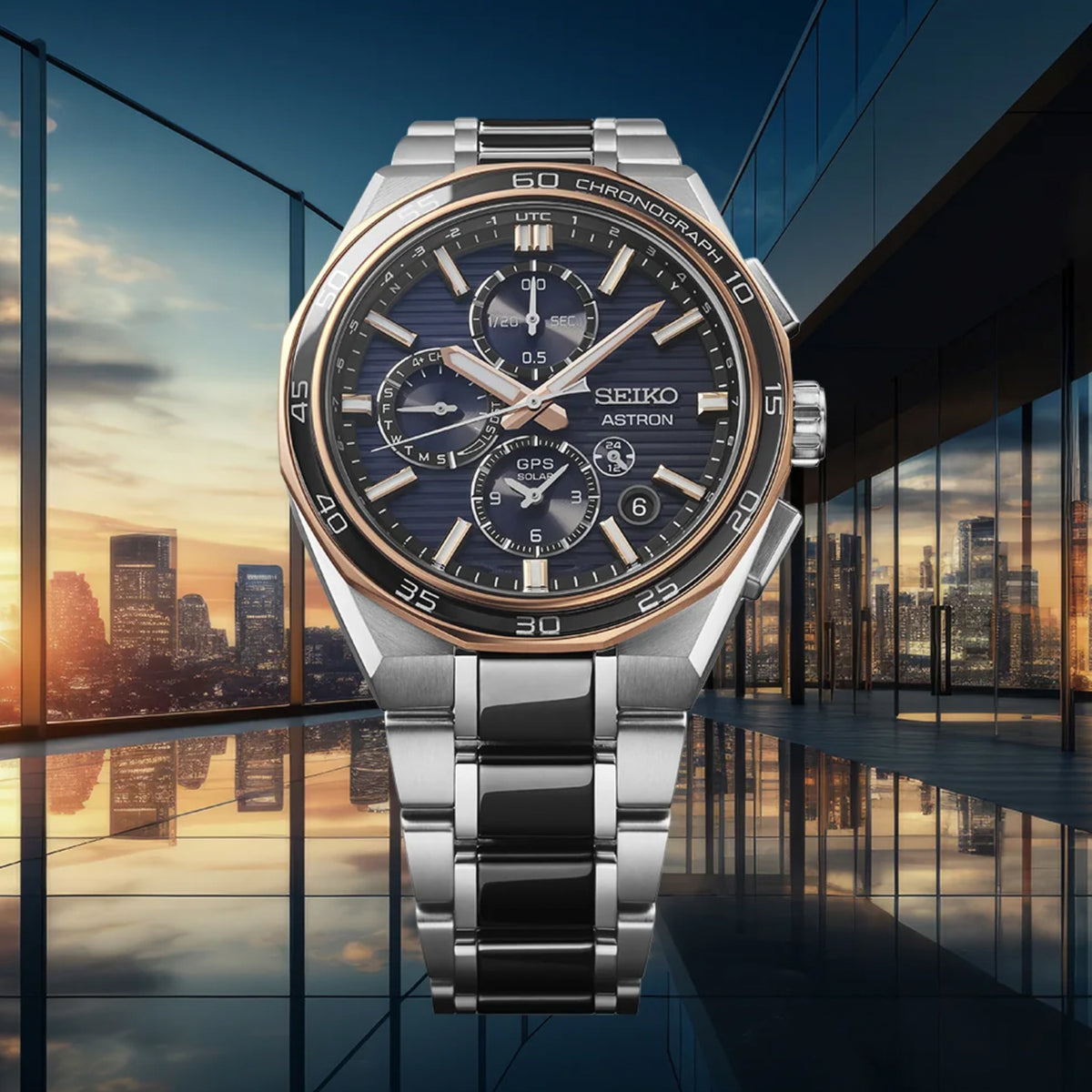Astron Men Solar Blue Dial Chronograph Stainless Steel Watch SSH180J1