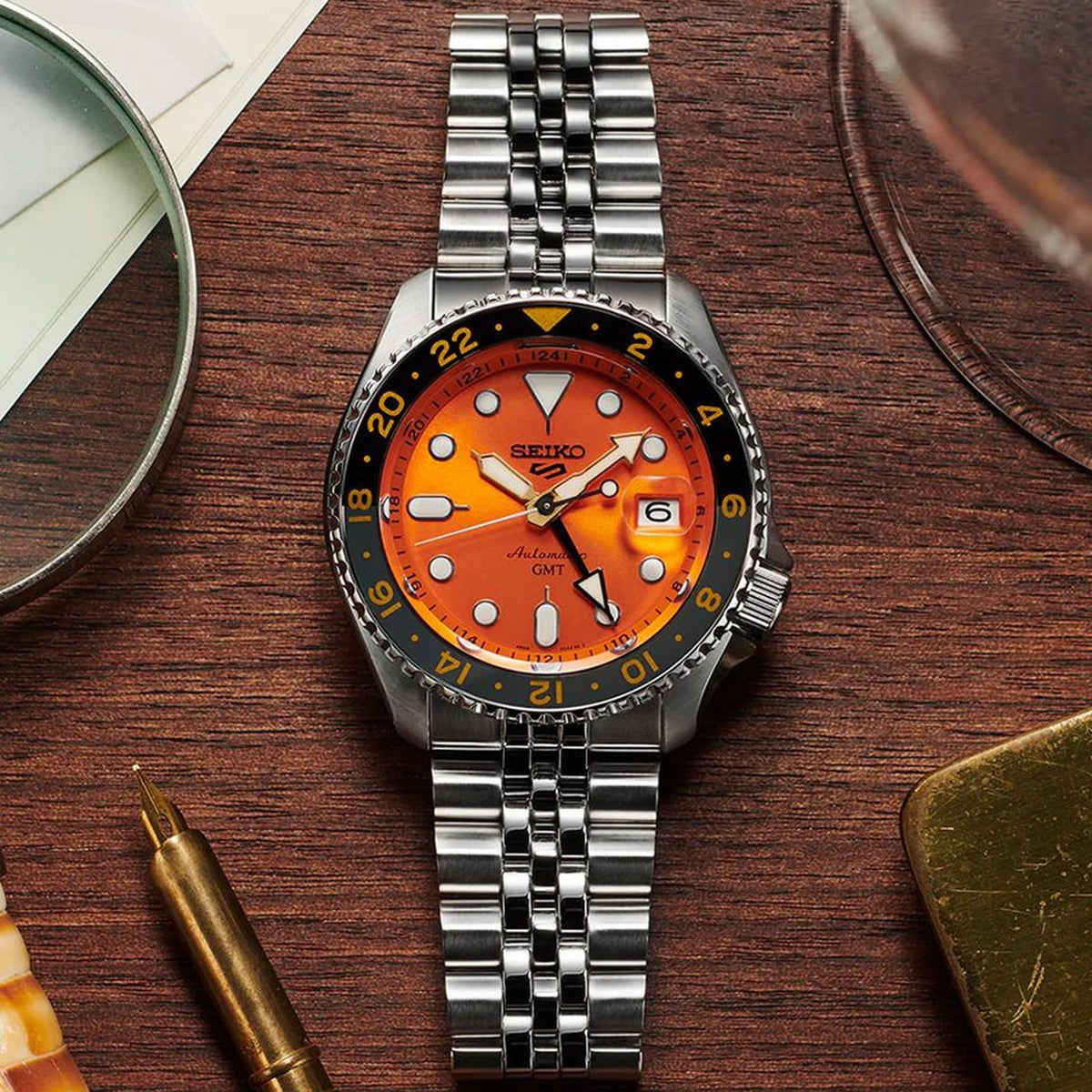 5 Sports Men Automatic Orange Dial Analog Stainless Steel Watch SSK005K1