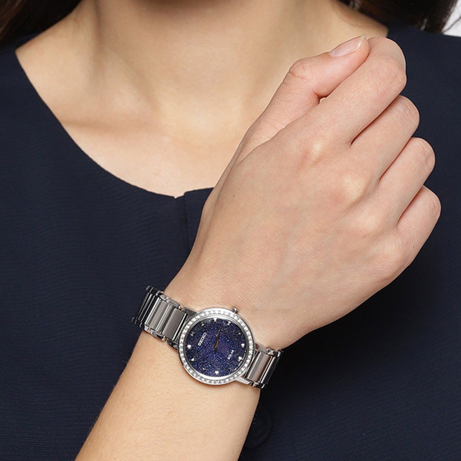 Dress Women Solar Blue Dial Analog Stainless Steel Watch SUP433P1