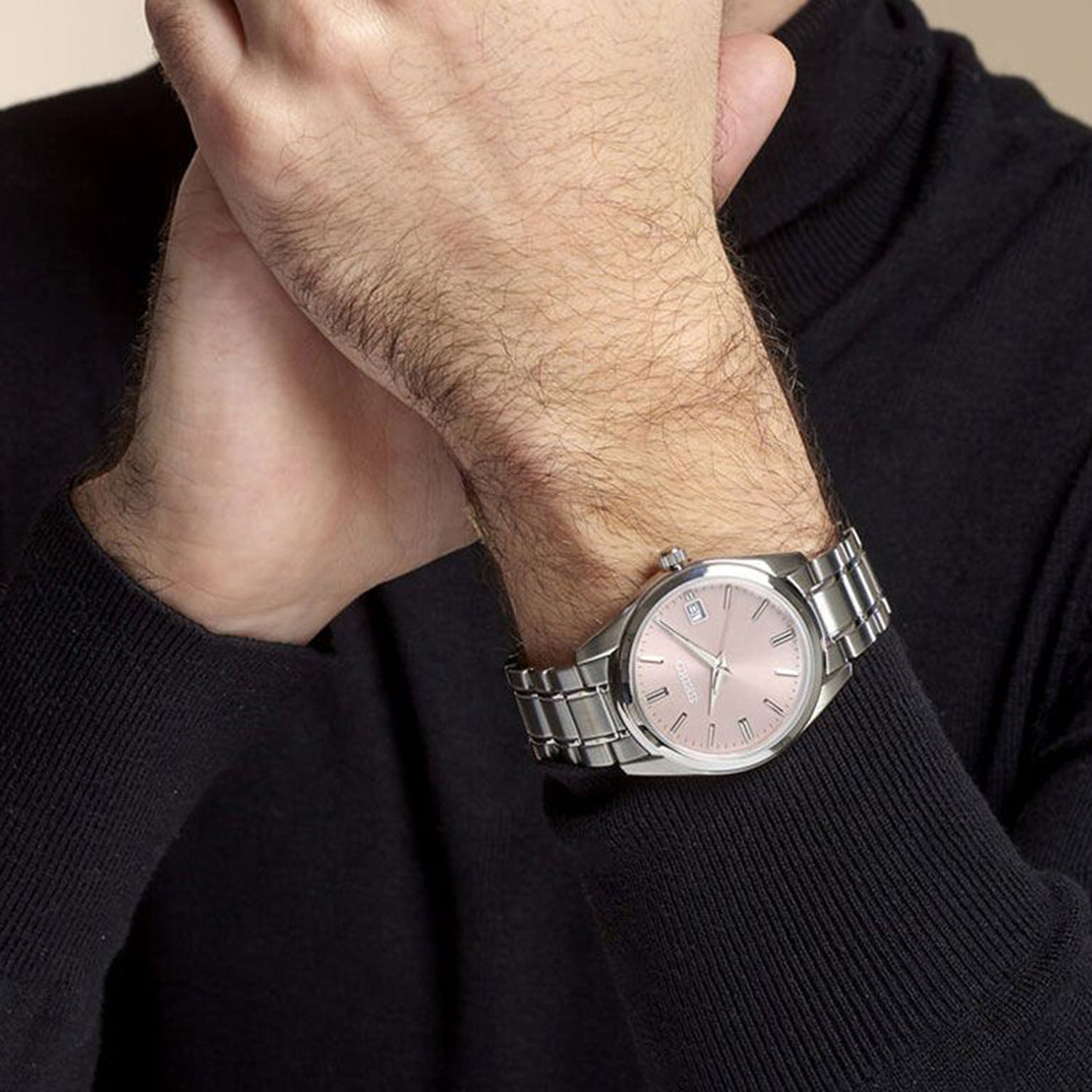 Dress Men Quartz Pink Dial Analog Stainless Steel Watch SUR523P1