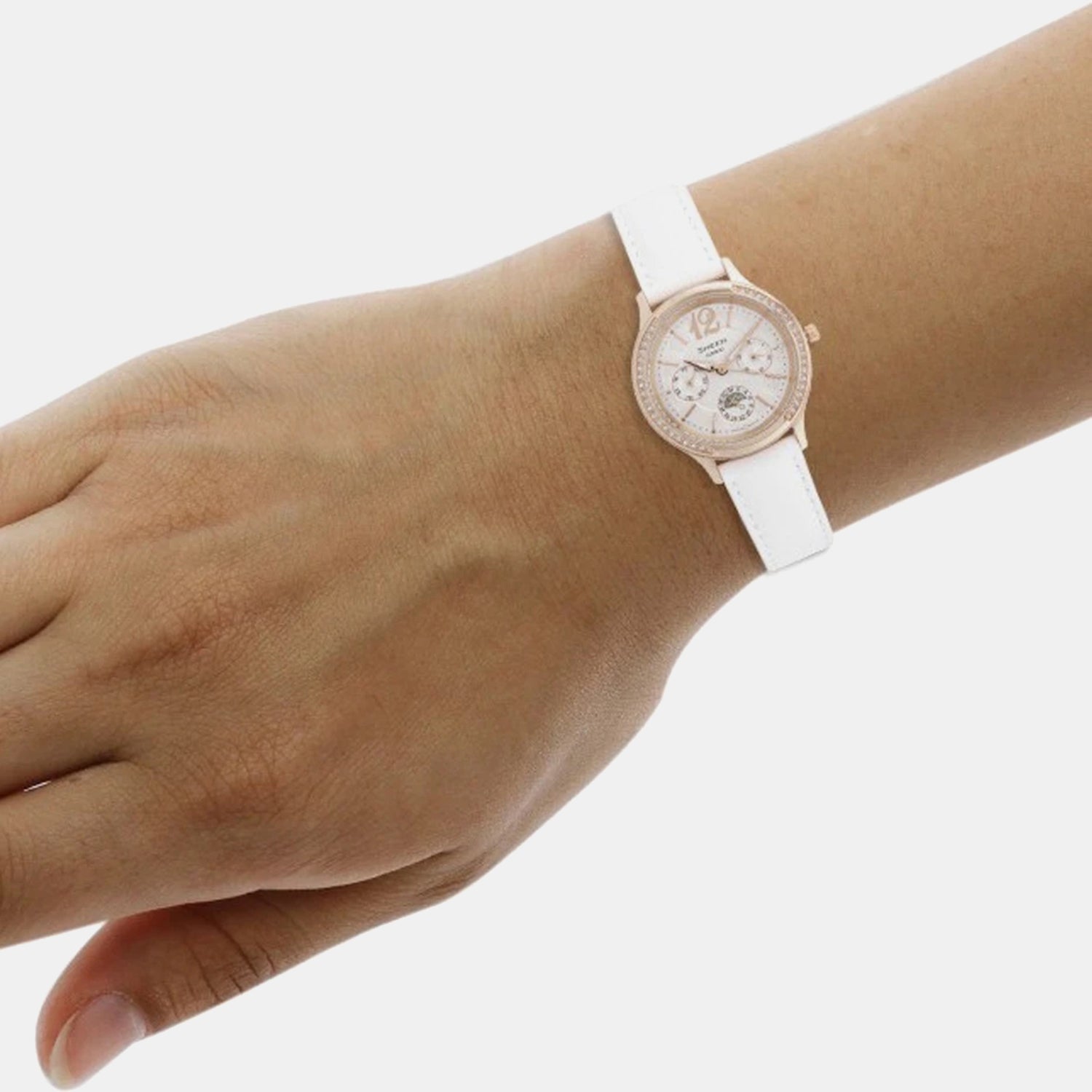 Sheen Women Quartz White Dial Multi-Function Leather Watch SX089